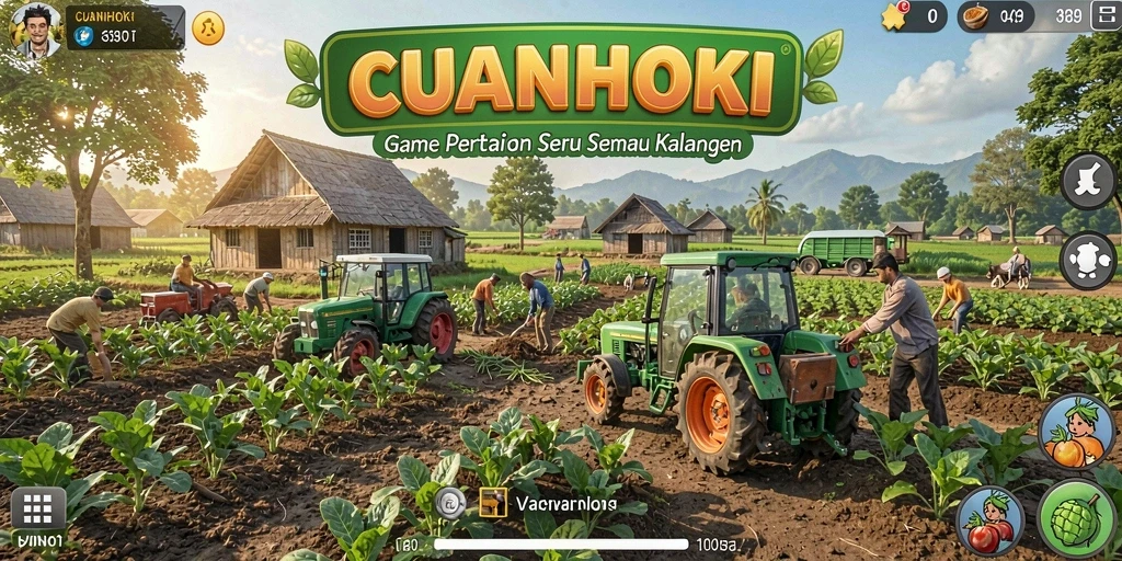 Screenshot gameplay CUANHOKI menampilkan kebun yang penuh warna dan aktif.