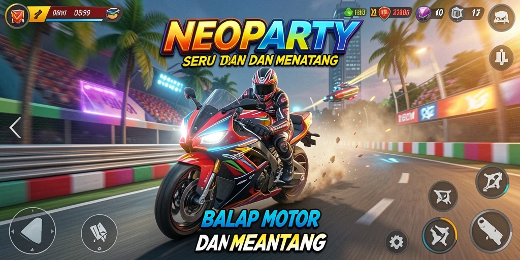 Tampilan gameplay yang mendebarkan dalam <strong>NEOPARTY</strong> saat melibas trek balap.